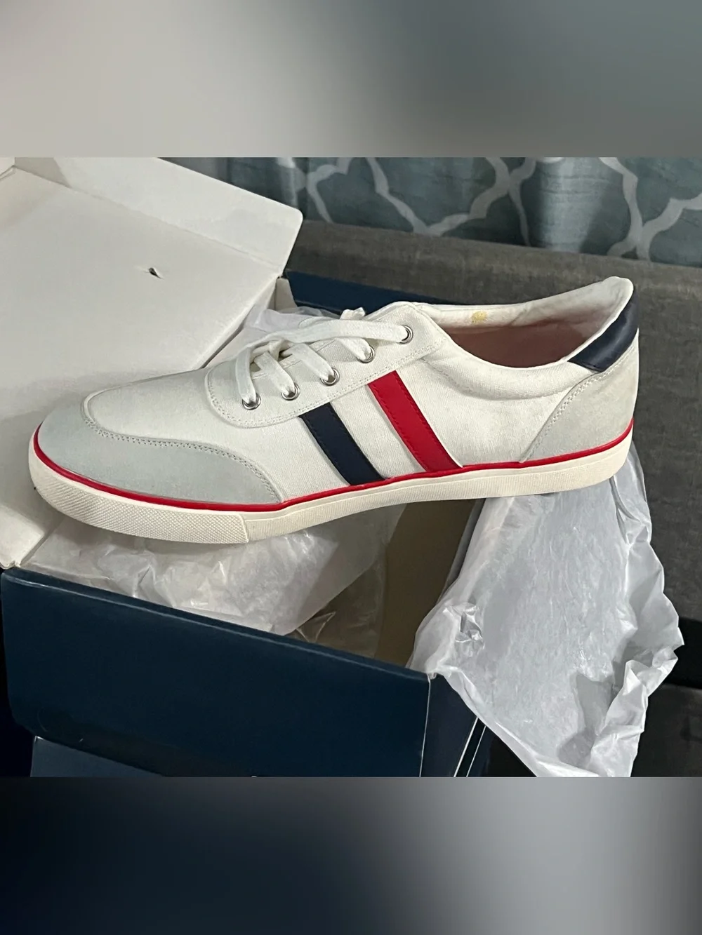Club Room Men’s White Sneakers with Red and Black Stripes